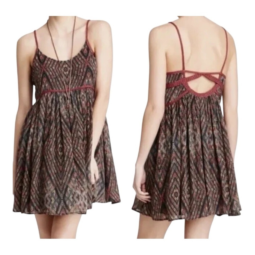 Free People Brown and Red Cut Out Pleated Sundress